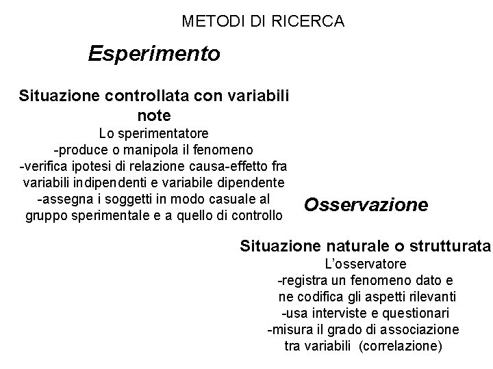 METODI DI RICERCA Esperimento Situazione controllata con variabili note Lo sperimentatore -produce o manipola METODI DI RICERCA Esperimento Situazione controllata con variabili note Lo sperimentatore -produce o manipola