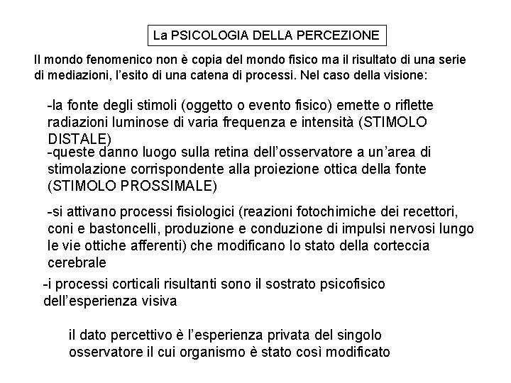 La PSICOLOGIA DELLA PERCEZIONE Il mondo fenomenico non è copia del mondo fisico ma La PSICOLOGIA DELLA PERCEZIONE Il mondo fenomenico non è copia del mondo fisico ma