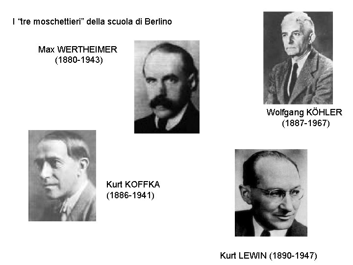 I “tre moschettieri” della scuola di Berlino Max WERTHEIMER (1880 -1943) Wolfgang KÖHLER (1887 I “tre moschettieri” della scuola di Berlino Max WERTHEIMER (1880 -1943) Wolfgang KÖHLER (1887