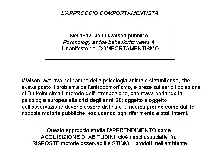 L’APPROCCIO COMPORTAMENTISTA Nel 1913, John Watson pubblicò Psychology as the behaviorist views it, il L’APPROCCIO COMPORTAMENTISTA Nel 1913, John Watson pubblicò Psychology as the behaviorist views it, il