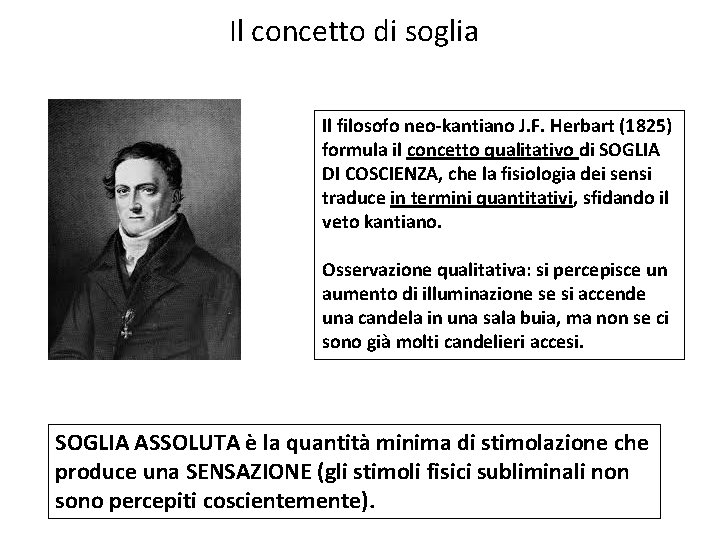 Il concetto di soglia Il filosofo neo-kantiano J. F. Herbart (1825) formula il concetto Il concetto di soglia Il filosofo neo-kantiano J. F. Herbart (1825) formula il concetto