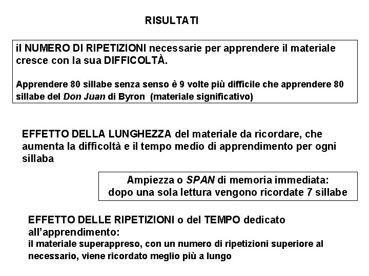 RISULTATI il NUMERO DI RIPETIZIONI necessarie per apprendere il materiale cresce con la sua RISULTATI il NUMERO DI RIPETIZIONI necessarie per apprendere il materiale cresce con la sua