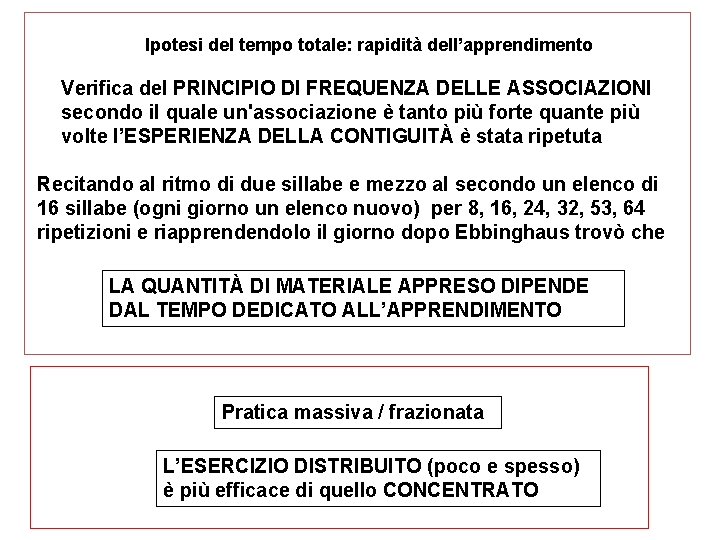 Ipotesi del tempo totale: rapidità dell’apprendimento Verifica del PRINCIPIO DI FREQUENZA DELLE ASSOCIAZIONI secondo Ipotesi del tempo totale: rapidità dell’apprendimento Verifica del PRINCIPIO DI FREQUENZA DELLE ASSOCIAZIONI secondo