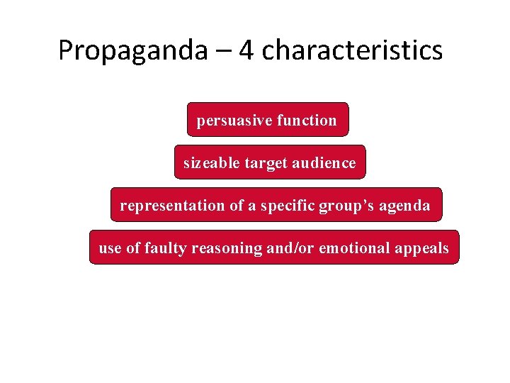 Propaganda – 4 characteristics persuasive function sizeable target audience representation of a specific group’s