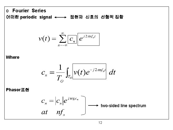 o Fourier Series 어떠한 periodic signal 정현파 신호의 선형적 집합 Where Phasor표현 two-sided line