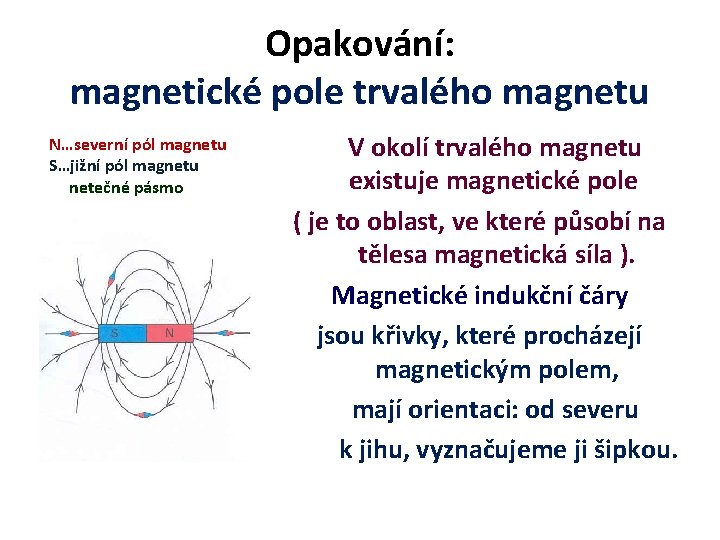 Opakování: magnetické pole trvalého magnetu N…severní pól magnetu S…jižní pól magnetu netečné pásmo V