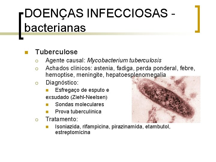 DOENÇAS INFECCIOSAS bacterianas n Tuberculose ¡ ¡ ¡ Agente causal: Mycobacterium tuberculosis Achados clínicos: