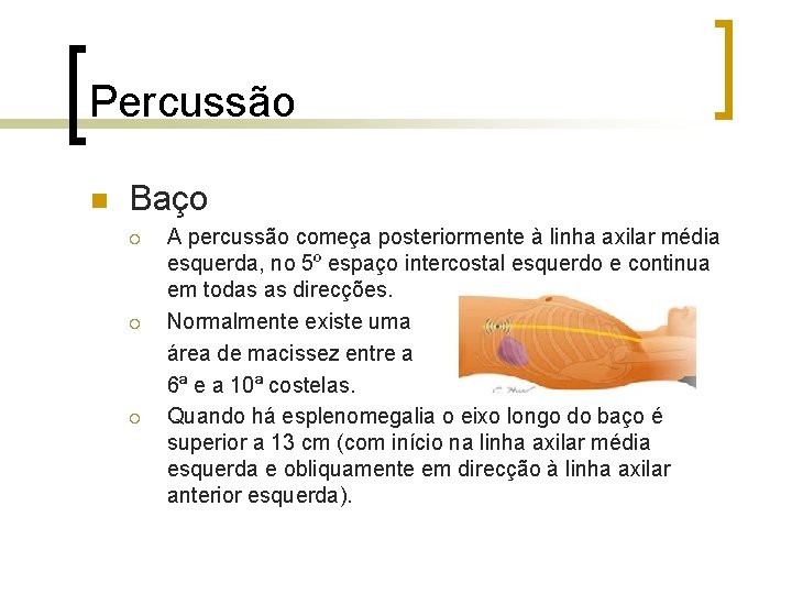 Percussão n Baço ¡ ¡ ¡ A percussão começa posteriormente à linha axilar média