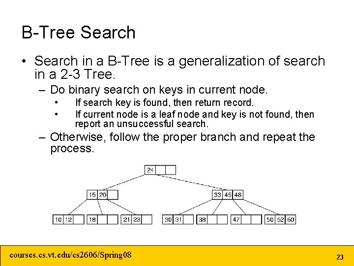 B-Tree Search • Search in a B-Tree is a generalization of search in a B-Tree Search • Search in a B-Tree is a generalization of search in a