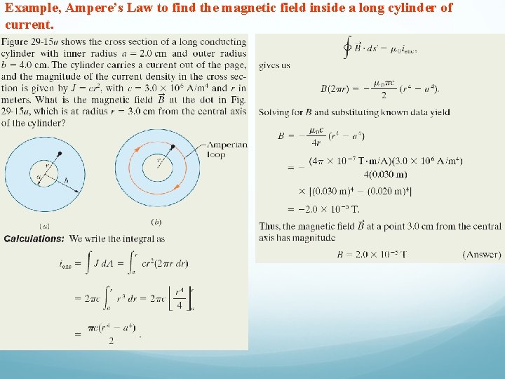 Example, Ampere’s Law to find the magnetic field inside a long cylinder of current. Example, Ampere’s Law to find the magnetic field inside a long cylinder of current.