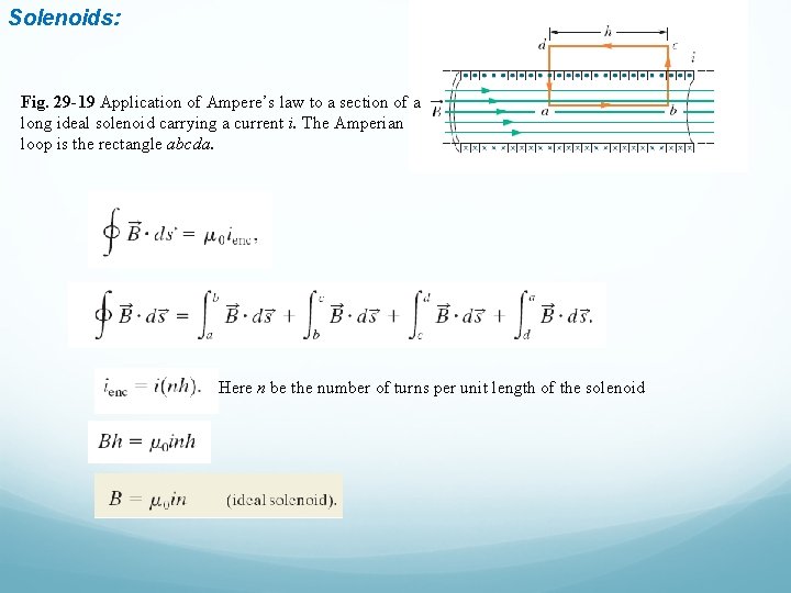 Solenoids: Fig. 29 -19 Application of Ampere’s law to a section of a long Solenoids: Fig. 29 -19 Application of Ampere’s law to a section of a long