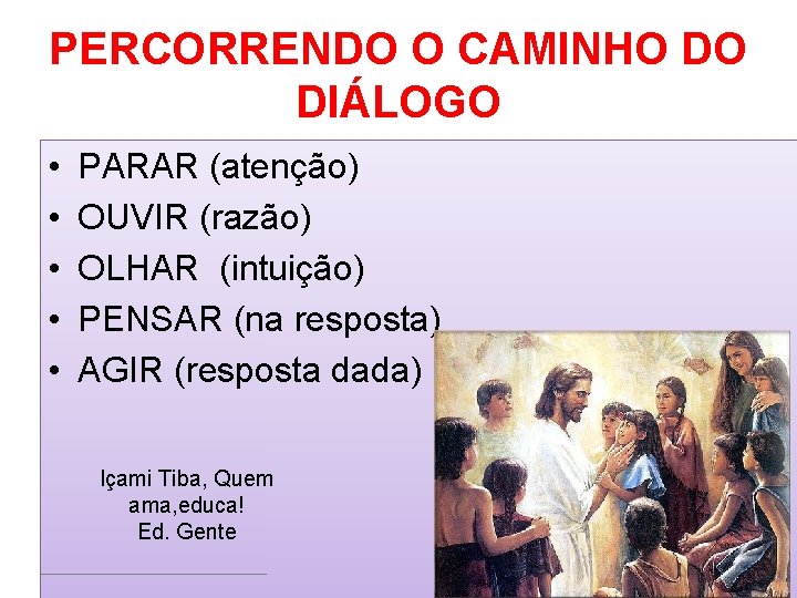 PERCORRENDO O CAMINHO DO DIÁLOGO • • • PARAR (atenção) OUVIR (razão) OLHAR (intuição)