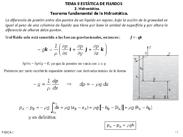 TEMA 9 ESTÁTICA DE FLUIDOS 2. Hidrostática. Teorema fundamental de la Hidrostática. La diferencia