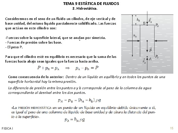 TEMA 9 ESTÁTICA DE FLUIDOS 2. Hidrostática. Consideremos en el seno de un fluido