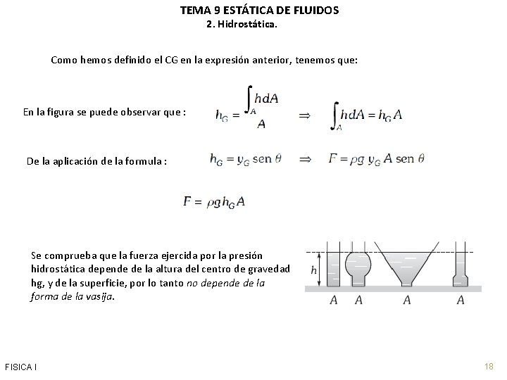 TEMA 9 ESTÁTICA DE FLUIDOS 2. Hidrostática. Como hemos definido el CG en la