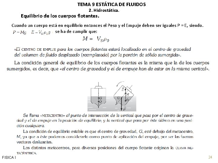 TEMA 9 ESTÁTICA DE FLUIDOS 2. Hidrostática. Equilibrio de los cuerpos flotantes. Cuando un