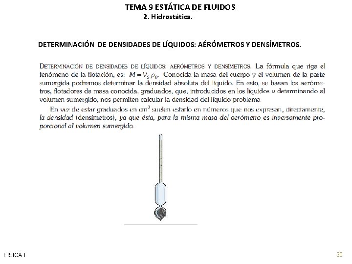 TEMA 9 ESTÁTICA DE FLUIDOS 2. Hidrostática. DETERMINACIÓN DE DENSIDADES DE LÍQUIDOS: AÉRÓMETROS Y