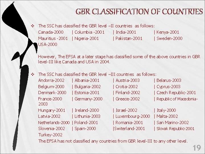 GBR CLASSIFICATION OF COUNTRIES v The SSC has classified the GBR level –II countries