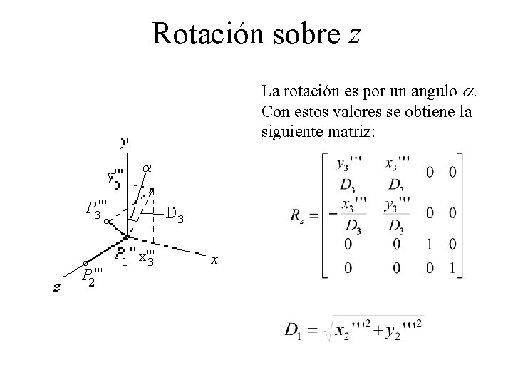 Rotación sobre z La rotación es por un angulo a. Con estos valores se