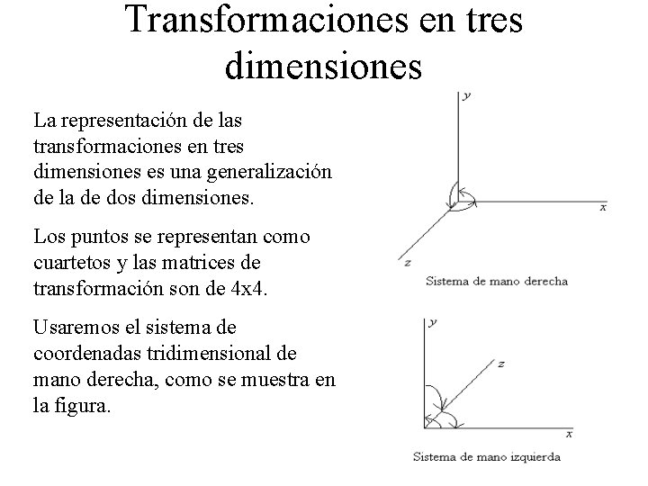 Transformaciones en tres dimensiones La representación de las transformaciones en tres dimensiones es una