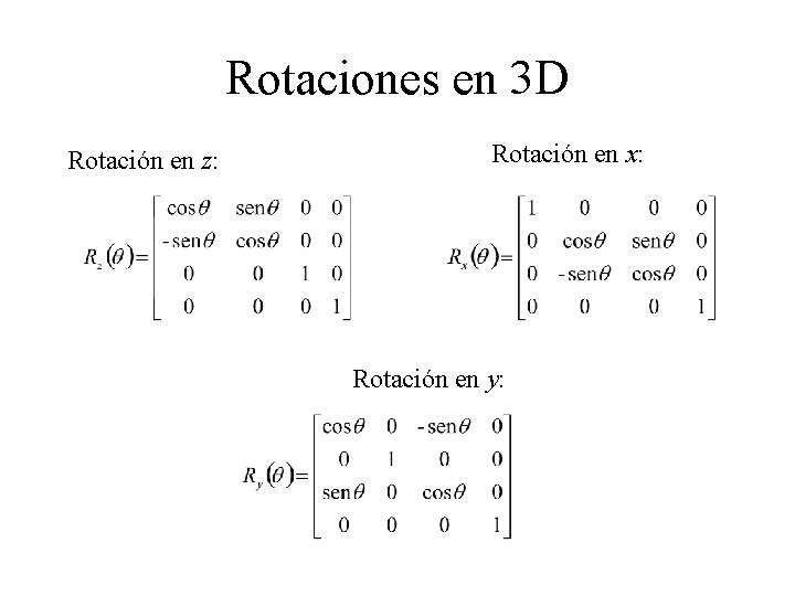 Rotaciones en 3 D Rotación en z: Rotación en x: Rotación en y: 