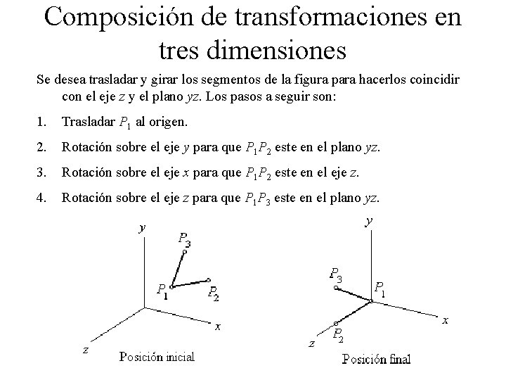 Composición de transformaciones en tres dimensiones Se desea trasladar y girar los segmentos de