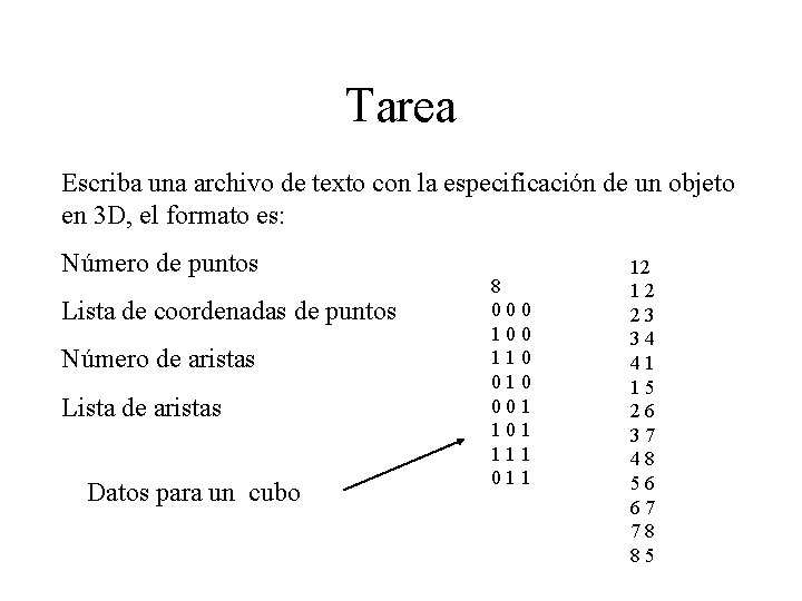 Tarea Escriba una archivo de texto con la especificación de un objeto en 3