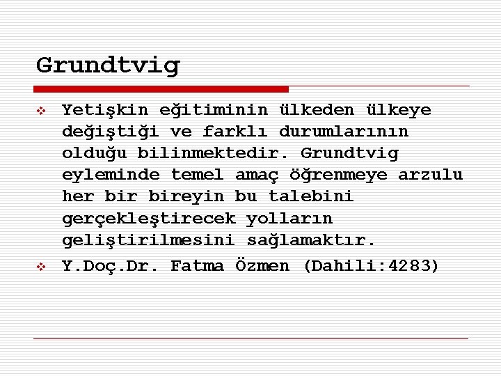 Grundtvig v v Yetişkin eğitiminin ülkeden ülkeye değiştiği ve farklı durumlarının olduğu bilinmektedir. Grundtvig