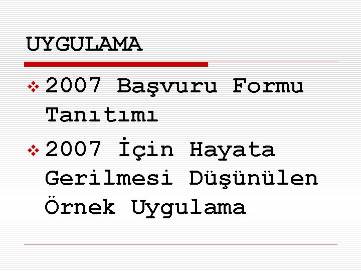 UYGULAMA v 2007 Başvuru Formu Tanıtımı v 2007 İçin Hayata Gerilmesi Düşünülen Örnek Uygulama