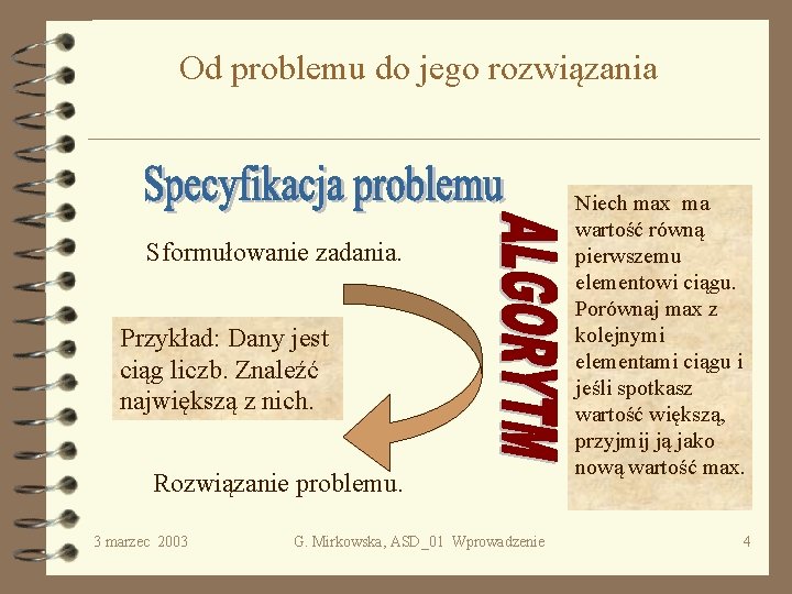 Od problemu do jego rozwiązania Sformułowanie zadania. Przykład: Dany jest ciąg liczb. Znaleźć największą