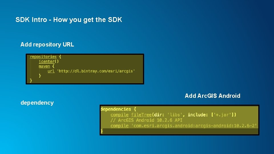 SDK Intro - How you get the SDK Add repository URL Add Arc. GIS