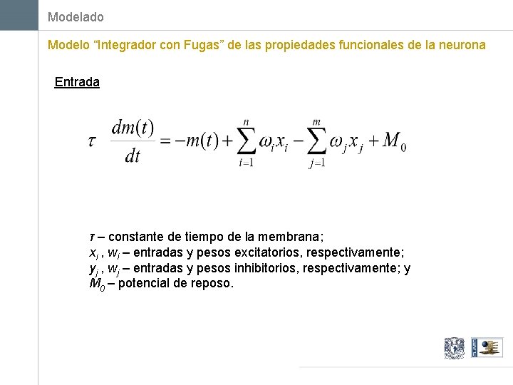 Modelado Modelo “Integrador con Fugas” de las propiedades funcionales de la neurona Entrada τ