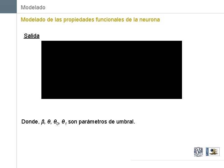 Modelado de las propiedades funcionales de la neurona Salida Donde, β, θ, θ 0,