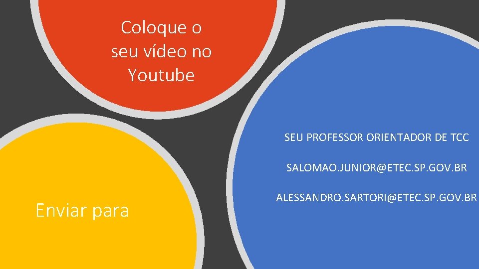 Coloque o seu vídeo no Youtube SEU PROFESSOR ORIENTADOR DE TCC SALOMAO. JUNIOR@ETEC. SP.