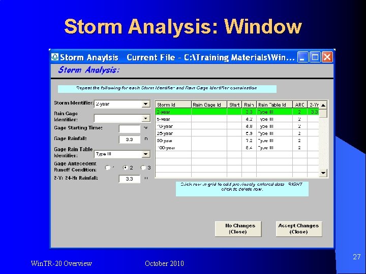 Storm Analysis: Window Win. TR-20 Overview October 2010 27 