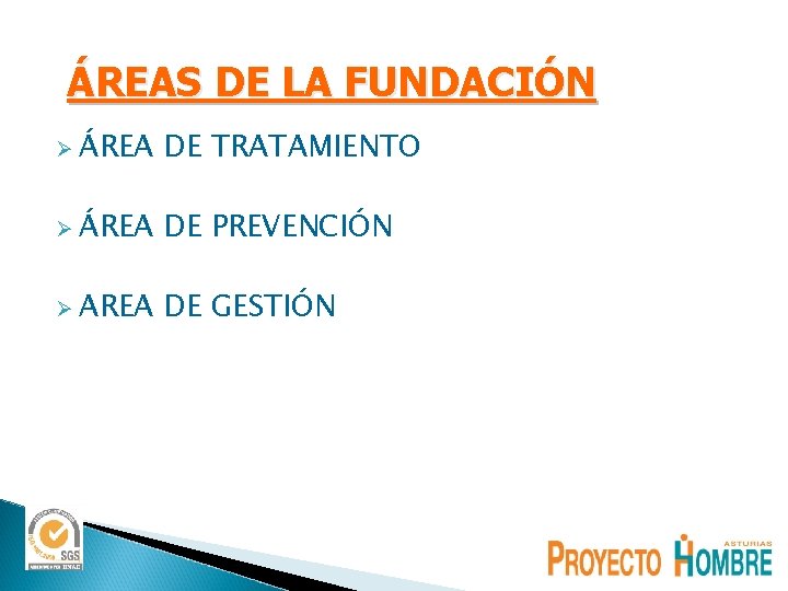 ÁREAS DE LA FUNDACIÓN Ø ÁREA DE TRATAMIENTO Ø ÁREA DE PREVENCIÓN Ø AREA ÁREAS DE LA FUNDACIÓN Ø ÁREA DE TRATAMIENTO Ø ÁREA DE PREVENCIÓN Ø AREA