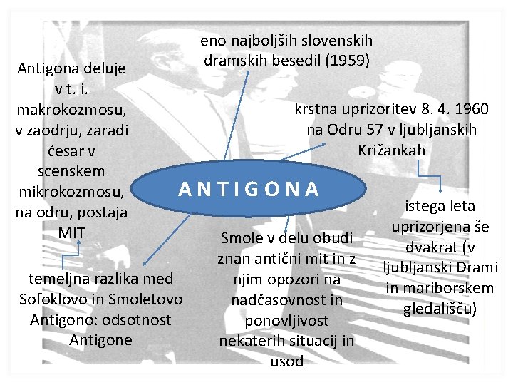 Antigona deluje v t. i. makrokozmosu, v zaodrju, zaradi česar v scenskem mikrokozmosu, na