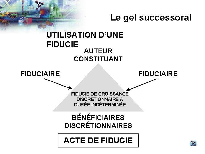 Le gel successoral UTILISATION D’UNE FIDUCIE AUTEUR CONSTITUANT FIDUCIAIRE FIDUCIE DE CROISSANCE DISCRÉTIONNAIRE À