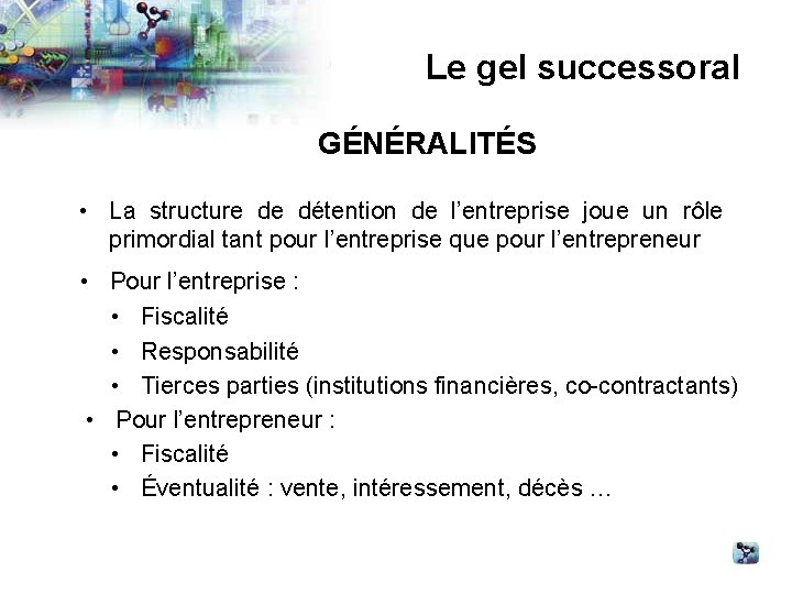 Le gel successoral GÉNÉRALITÉS • La structure de détention de l’entreprise joue un rôle