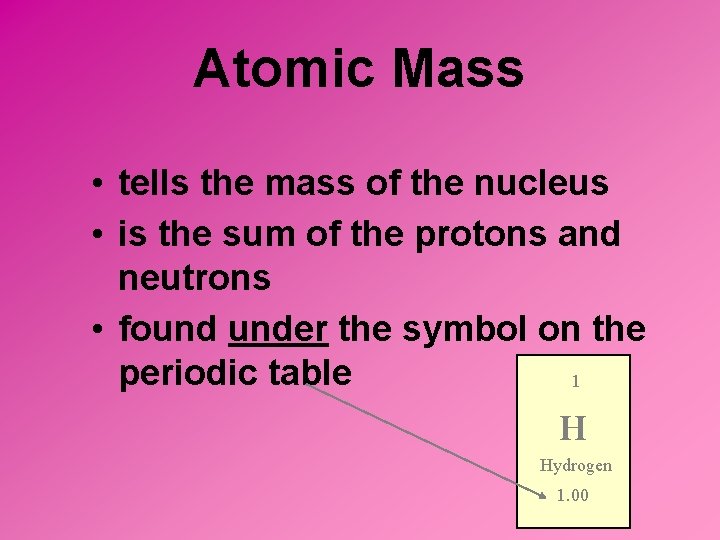 Atomic Mass • tells the mass of the nucleus • is the sum of