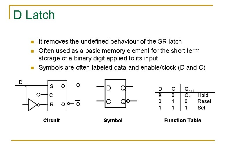 D Latch n n n It removes the undefined behaviour of the SR latch