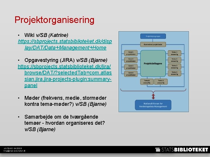 Projektorganisering • Wiki v/SB (Katrine) https: //sbprojects. statsbiblioteket. dk/disp lay/DAT/Data+Management+Home • Opgavestyring (JIRA) v/SB