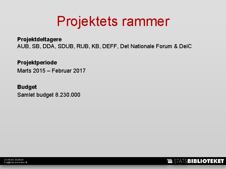 Projektets rammer Projektdeltagere AUB, SB, DDA, SDUB, RUB, KB, DEFF, Det Nationale Forum &