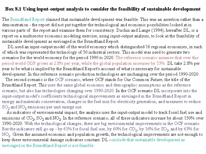 Box 8. 1 Using input-output analysis to consider the feasibility of sustainable development The