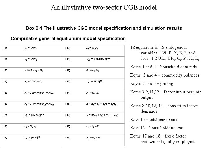 An illustrative two-sector CGE model Box 8. 4 The illustrative CGE model specification and