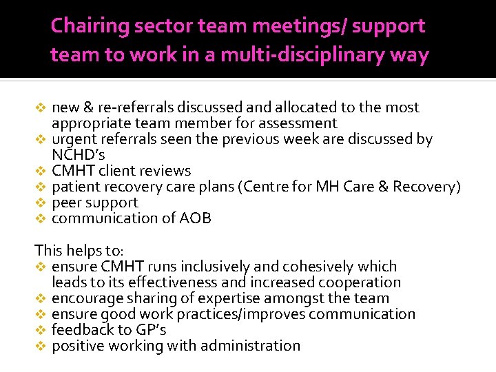 Chairing sector team meetings/ support team to work in a multi-disciplinary way v v