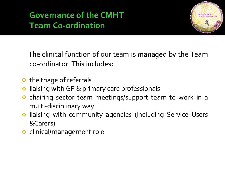 Governance of the CMHT Team Co-ordination The clinical function of our team is managed