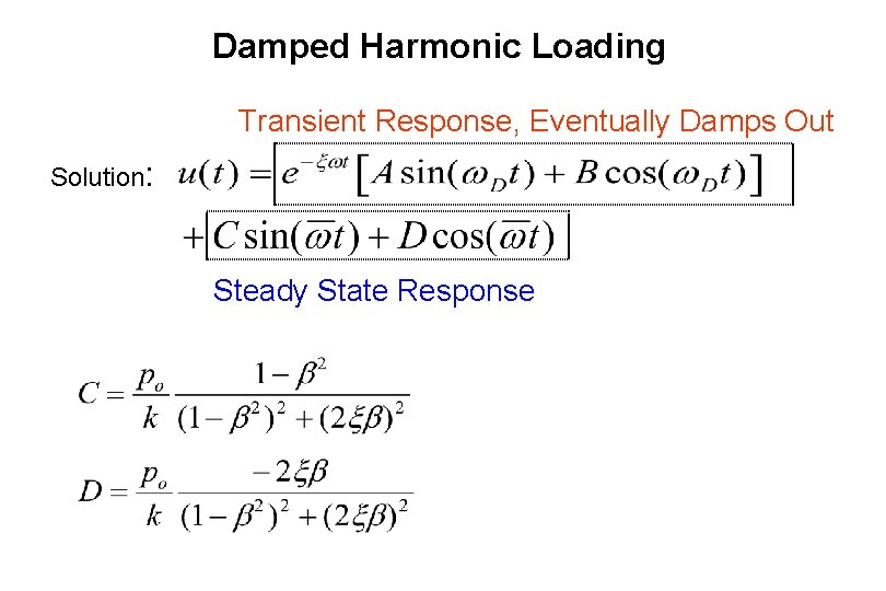 Damped Harmonic Loading Transient Response, Eventually Damps Out Solution: Steady State Response 