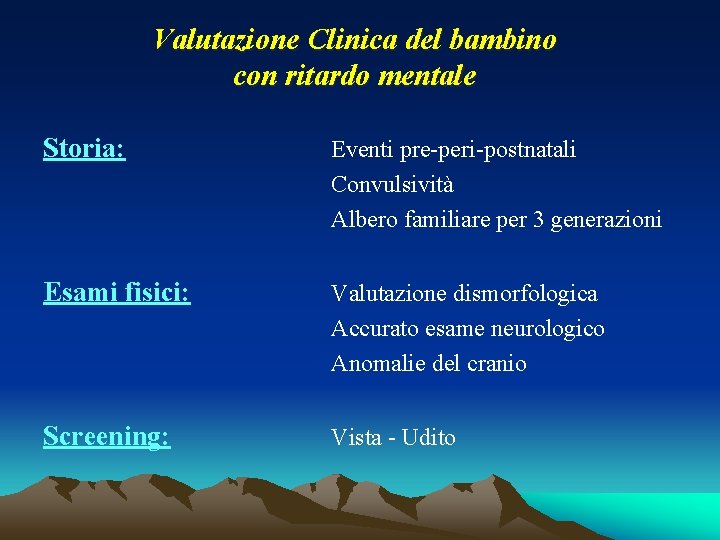 Valutazione Clinica del bambino con ritardo mentale Storia: Eventi pre-peri-postnatali Convulsività Albero familiare per Valutazione Clinica del bambino con ritardo mentale Storia: Eventi pre-peri-postnatali Convulsività Albero familiare per