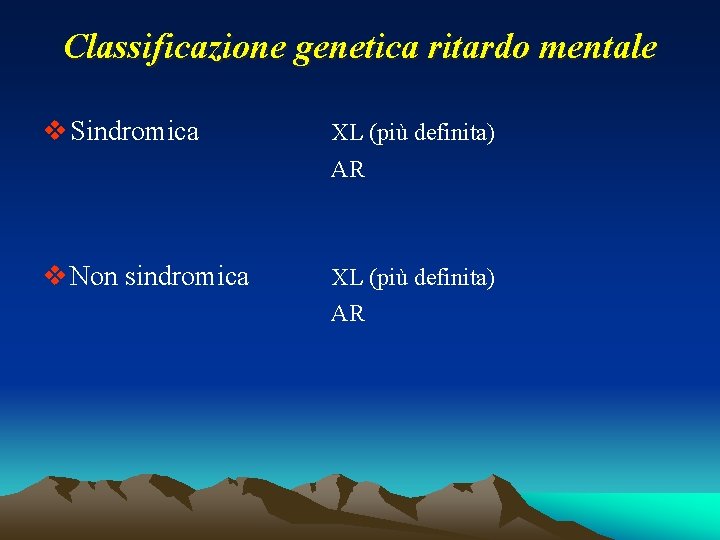 Classificazione genetica ritardo mentale v Sindromica XL (più definita) AR v Non sindromica XL Classificazione genetica ritardo mentale v Sindromica XL (più definita) AR v Non sindromica XL
